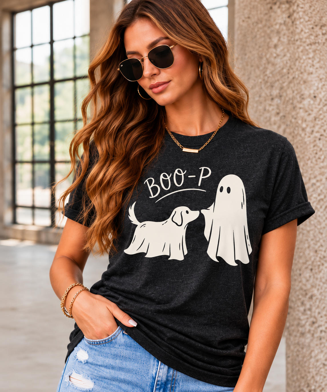 Womens Retro Halloween Cute Ghost Dog