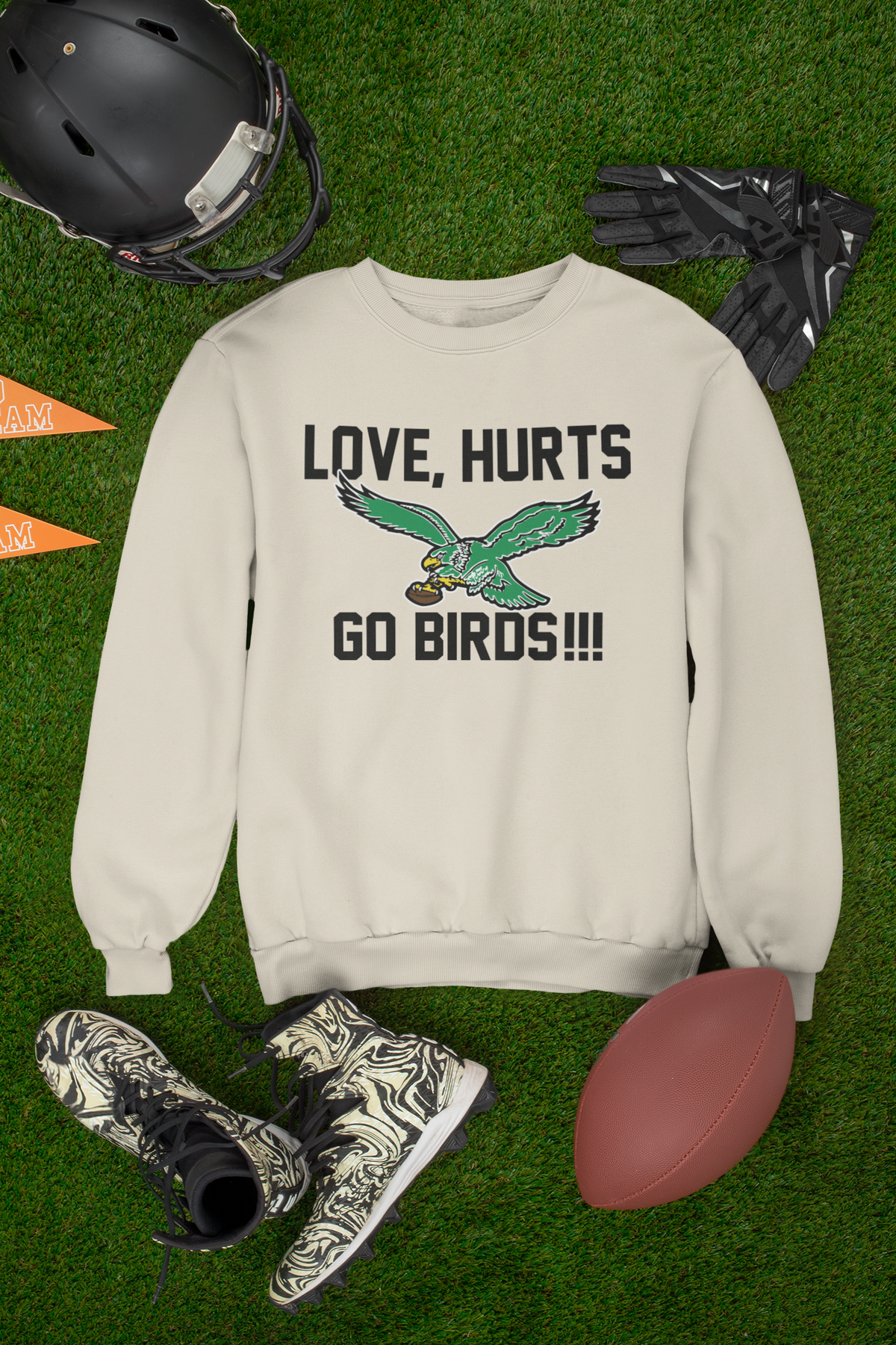 Philadelphia Football, LOVE, HURTS, GO BIRDS, Game Day Crewneck Sweatshirt, Old School Bird