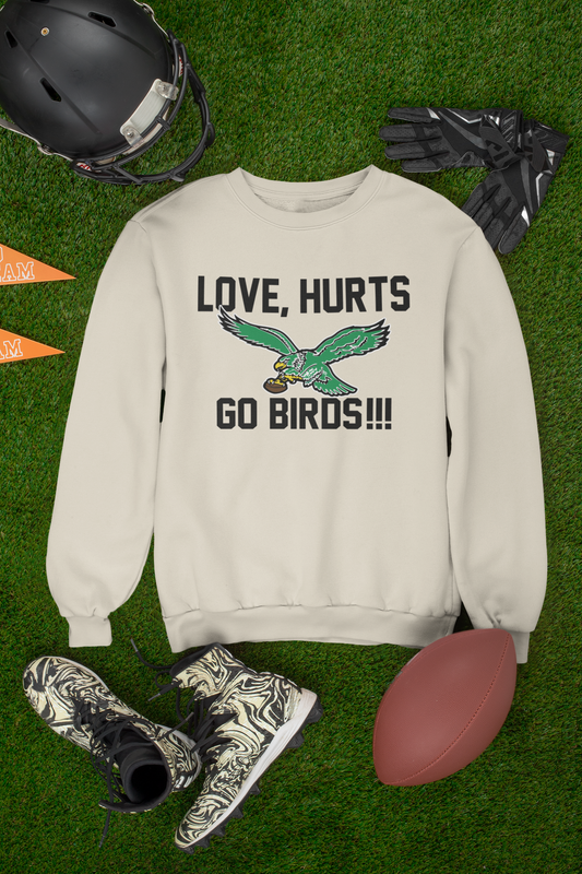 Philadelphia Football, LOVE, HURTS, GO BIRDS, Game Day Crewneck Sweatshirt, Old School Bird